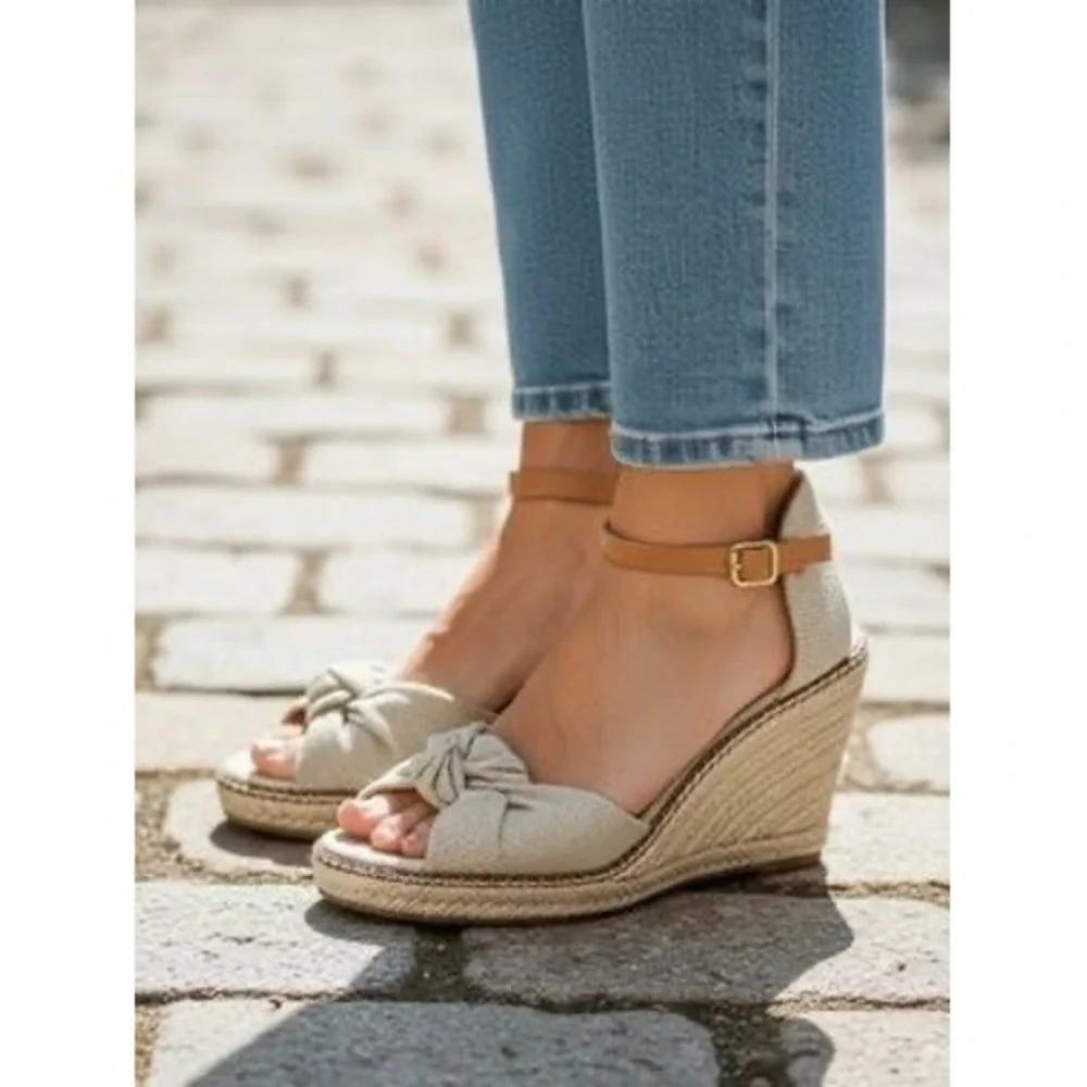 Tory Burch Beige Canvas Espadrille Wedge Sandals Tan Leather Ankle Strap Size 9B
